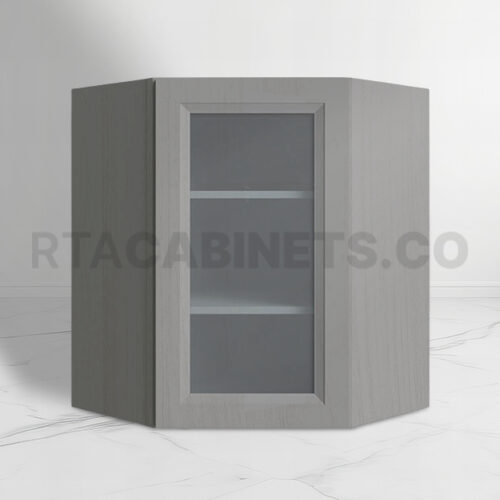 Gray Shaker 24 Diagonal Corner Wall Shelf with Glass Door, rta cabinets, gray kitchen cabinets