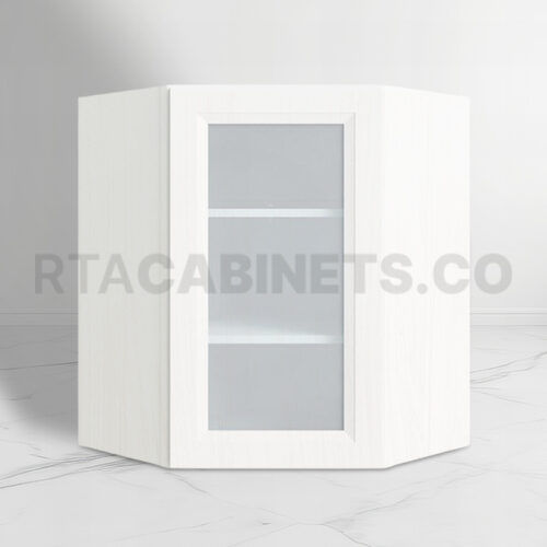 White Shaker 24 Diagonal Corner Wall Shelf with Glass Door, rta cabinets